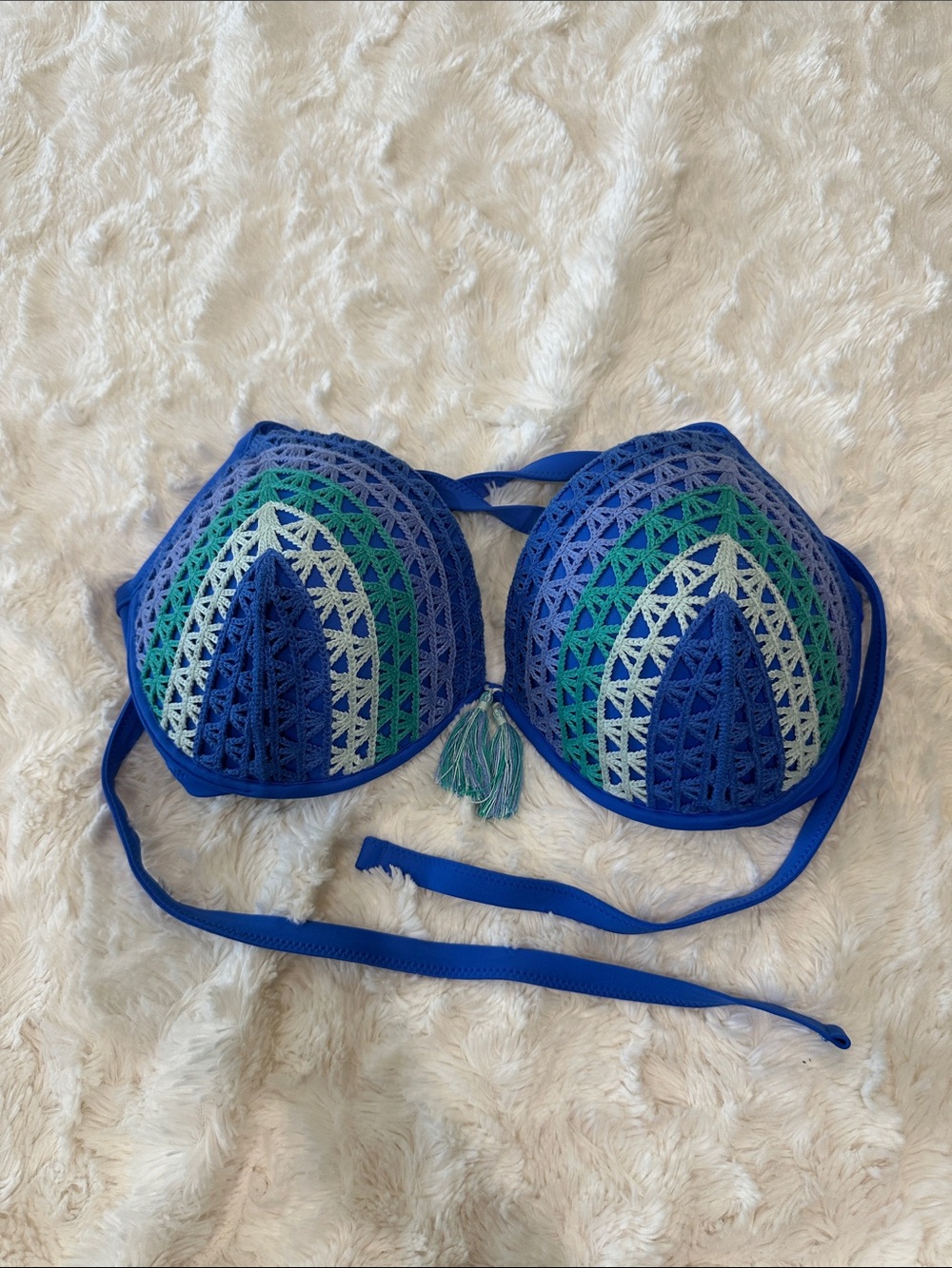 Shade & Shore Blue Crochet Halter Bikini Top with Green and Blue Accents- 36DD